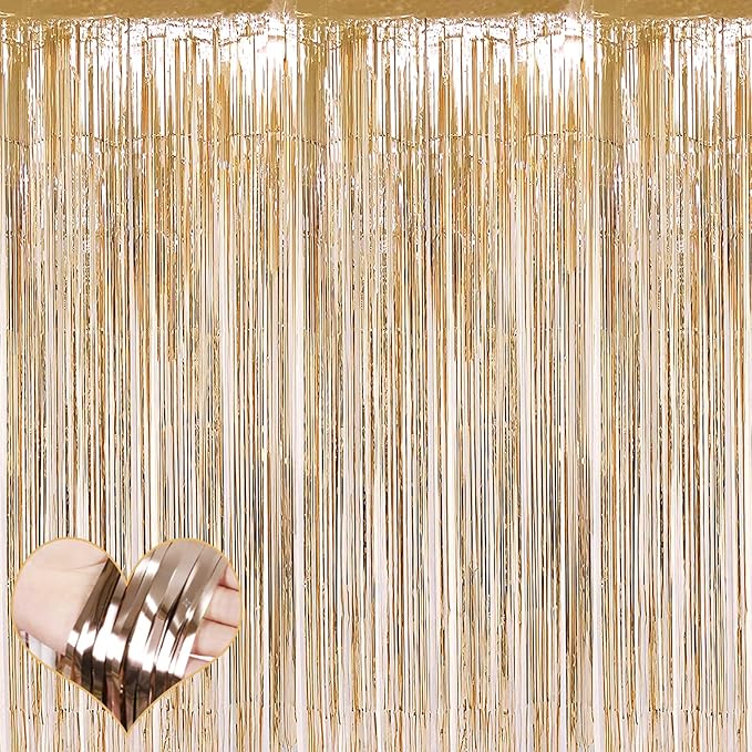 4 Pack Champagne Gold Fringe Curtain Backdrop, 3.2Ft x 9.8Ft Metallic Tinsel Foil Fringe Streamers Curtains Background for Photo Booth Birthday Baby Shower Party Wedding Graduation Decorations