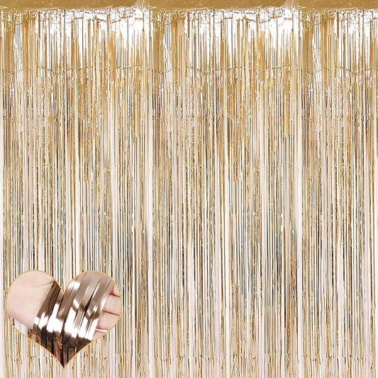 4 Pack Champagne Gold Fringe Curtain Backdrop, 3.2Ft x 9.8Ft Metallic Tinsel Foil Fringe Streamers Curtains Background for Photo Booth Birthday Baby Shower Party Wedding Graduation Decorations