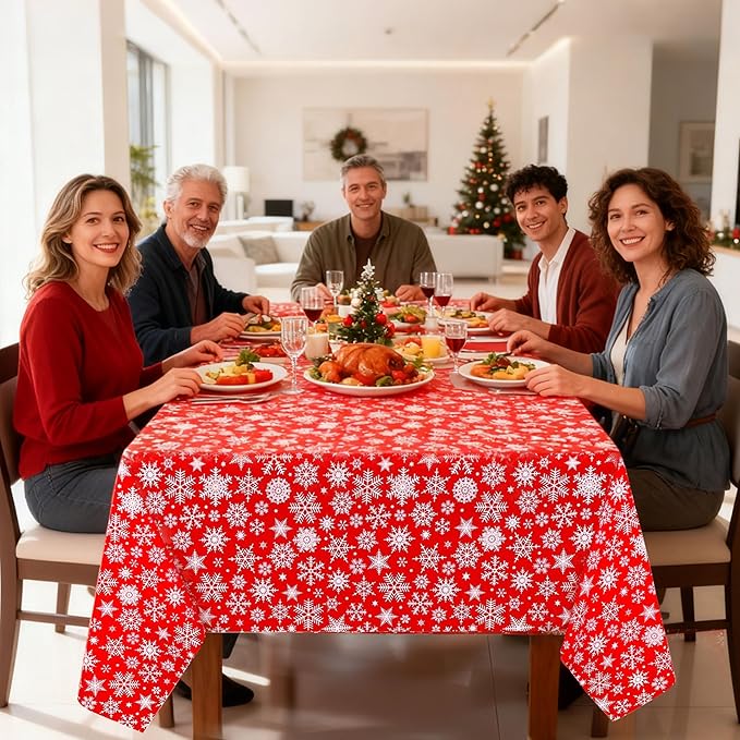 Mornajina 4 Packs 108 x 54 Inch Snowflake Tablecloth Merry Christmas Party Tablecloth Decorations Disposable Rectangle Plastic Snowflake Table Cloth (Red)