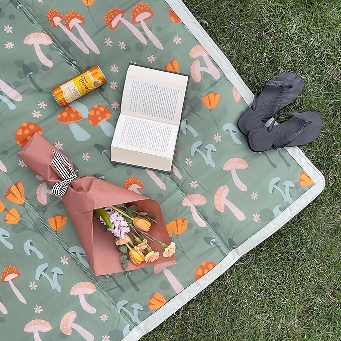 Little Unicorn 5'x5' Outdoor Family Picnic & Beach Blanket | Durable & Water-Resistant Fabric | Compact Fold & Easily Wipes Clean | Zipper Pocket (Woodland Mushroom)