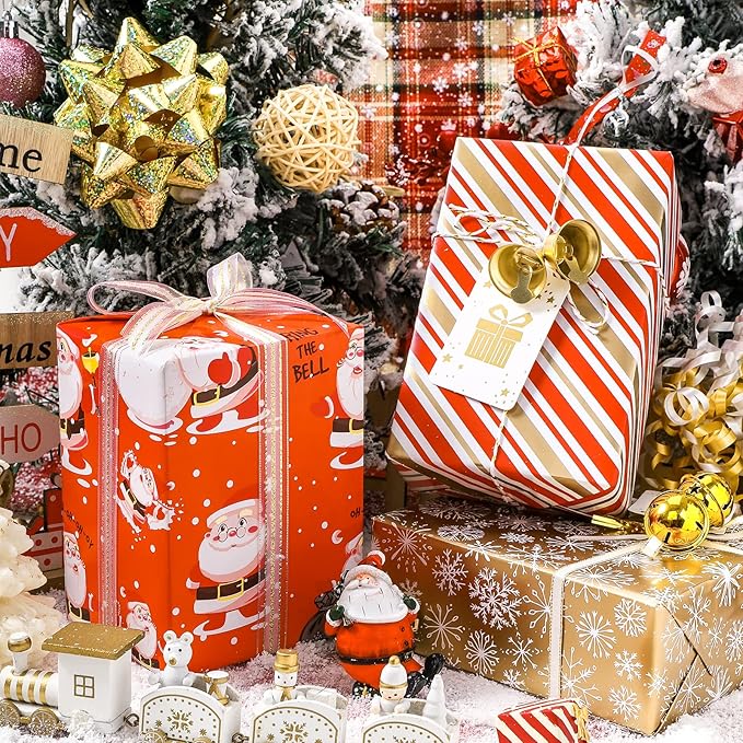 MAYPLUSS Christmas Wrapping Paper Roll - Mini Roll - 17.3 in X 120 in Per roll - 3 Different Christmas Red Snowman Gold Stripe,Gold Snowflake for Xmas Gift Wrap (43.2 sq.ft)