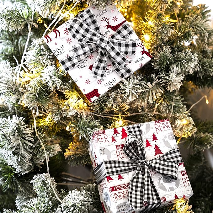 WRAPAHOLIC Christmas Wrapping Paper Set - Reindeer, Snowflake, Plaid Wrapping Paper Bundle with Gift Bow & Ribbon & Tag & Sticker