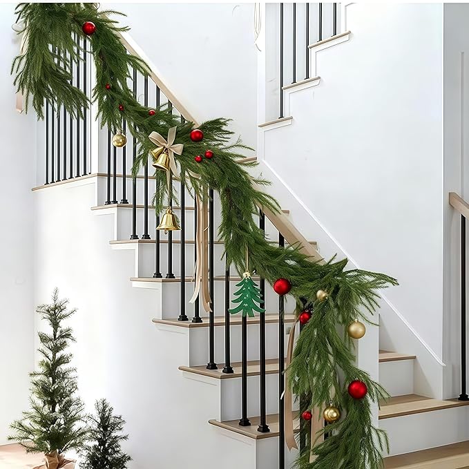 Christmas Decorations Artificial Norfolk Pine Garlands 6FT 2Pcs, Real Touch Winter Pine Garland, Green Artificial Greenery Garland for Table, Mantle, Wall, Indoor, Outdoor Decorations