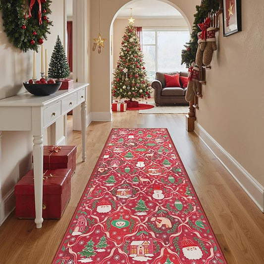 Christmas Runner Rug 2x10 Washable Rug for Hallway Kitchen Bedroom, Christmas Home Decor, Holiday Print Carpet, Low Pile Mat with Non Slip Backing, Red Christmas Tale Pattern