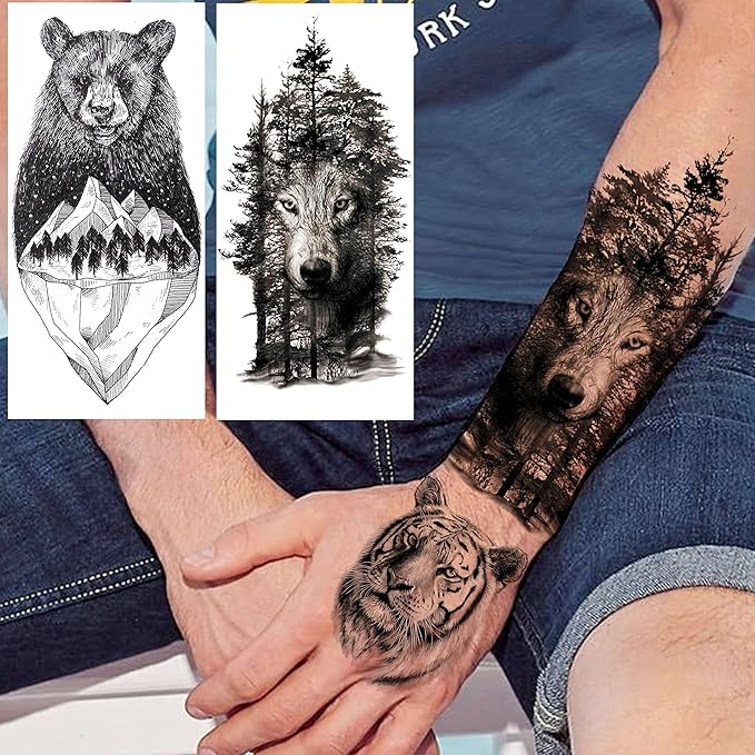 10 Sheets Realistic Tiger Temporary Tattoos Animals For Men Body Armband Soldier Fake Tatoo Stickers For Women Scorpion Wolf Deer Elk Eagle Bear Dot Adults Forearm Tattoos Girls Kids Teens.
