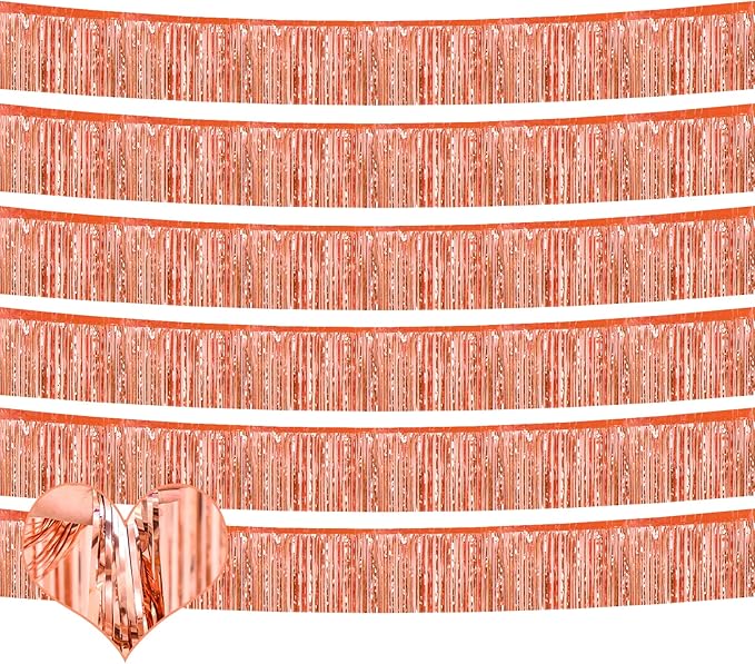 6 Pack 10 Feet Foil Fringe Garland Metallic Tinsel Banner Wall Hanging Curtain Streamers Backdrop for Parade Floats Bachelorette Wedding Birthday Party Thanksgiving Christmas Decorations(Rose Gold)