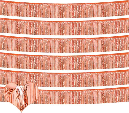 6 Pack 10 Feet Foil Fringe Garland Metallic Tinsel Banner Wall Hanging Curtain Streamers Backdrop for Parade Floats Bachelorette Wedding Birthday Party Thanksgiving Christmas Decorations(Rose Gold)