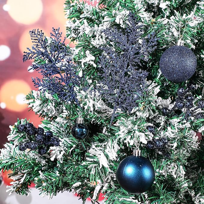 Sratte 94 Pcs Christmas Tree Decorations Set, Christmas Tree Ball Ornaments Glitter Poinsettia Flowers Decorations Glitter Berries Stems for Xmas Holiday Wedding(Navy Blue)