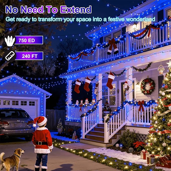 240FT 750LED Christmas Lights,12 Modes Blue Outdoor String Lights with Timer & Dimmable, Waterproof Green Wire Christmas String Lights for Indoor Tree Xmas Patio Fence Balcony Garden Party Decor
