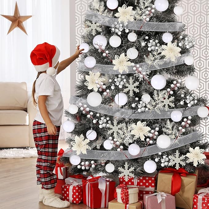 Sratte 94 Pcs Christmas Tree Decorations Set, Christmas Tree Ball Ornaments Glitter Poinsettia Flowers Decorations Glitter Berries Stems for Xmas Holiday Wedding(White)
