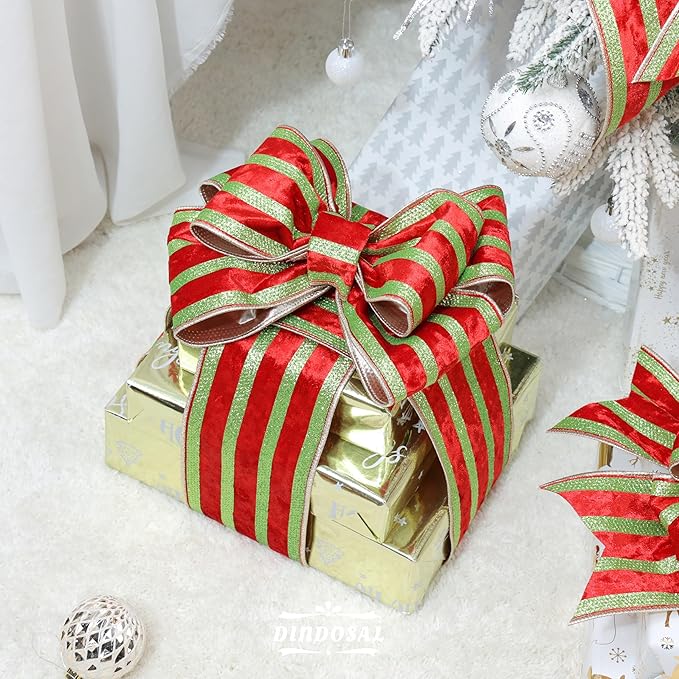 Red Velvet Wired Ribbon with Lime Green Glitter Stripe 4 Inch Extra Wide Crushed Velvet Christmas Ribbon, 10 Yards for Gift Wrapping, Crafts, Christmas Tree Decorations, Wreaths, Garlands