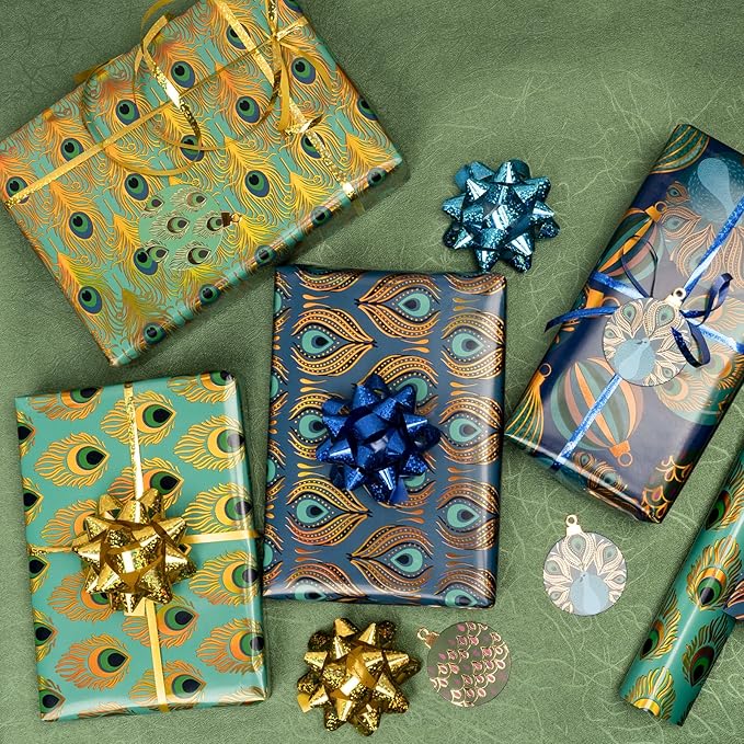 WRAPAHOLIC 30 Inch Peacock Christmas Wrapping Paper Roll - Jumbo Roll Green Peacock Elements Patterns with Metallic Foil Shine - 4 Rolls - 30 Inch x 120 Inch Per Roll