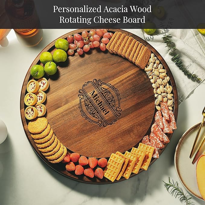 Shanik Acacia Wood Rotating Cheese Board – Round Lazy Susan Charcuterie Platter for Appetizers, Crackers, Meat, and Cheese Serving Tray