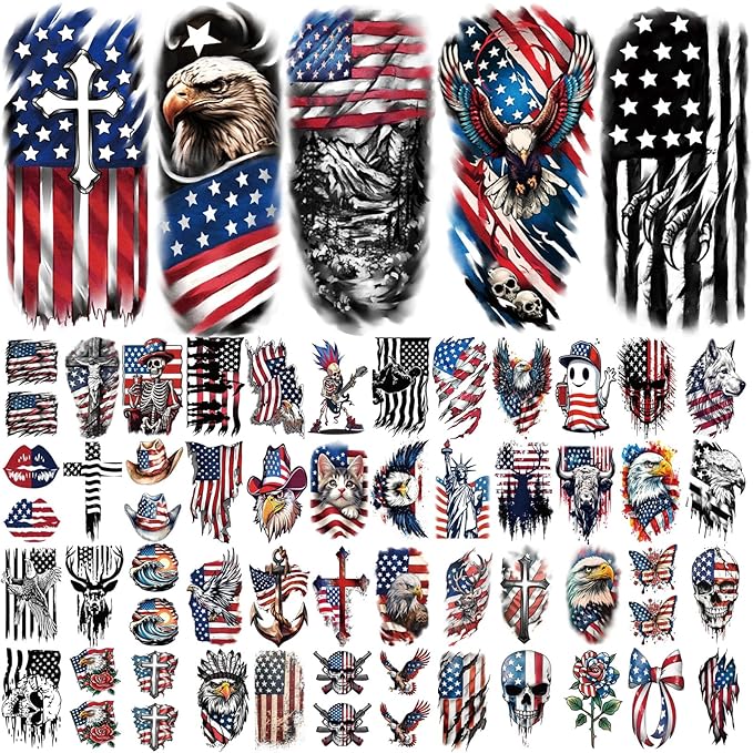 77 Sheets Independence Day Temporary Tattoo for Women Men, 17 Half Arm 4th of July Fake Tattoos, 60 Tiny American Flag Eagle Dog Cat Cow Memorial Labor Day Patriotic Body Tattoos