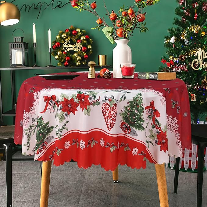 LUSHVIDA Christmas Round Table Cloth – Washable Water Resistance Holiday Microfiber Tablecloth Decorative Table Cover for Banquet Party Kitchen Dining Room, 60 Inch