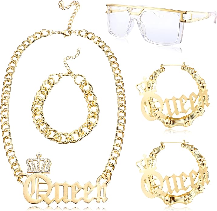 THUNARAZ 80s/90s Hip Hop Queen Costume Kit for Women Rapper DJ Punk Rapper Costume Jewelry Accessories Set