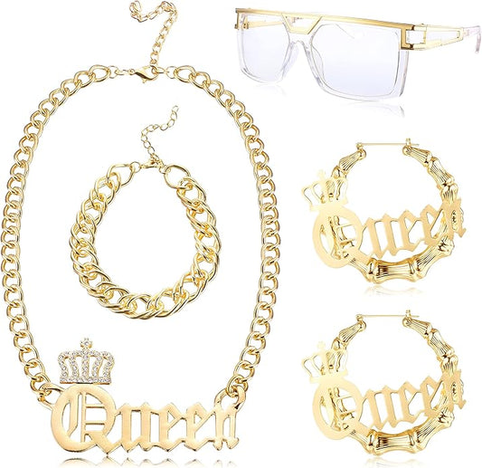 THUNARAZ 80s/90s Hip Hop Queen Costume Kit for Women Rapper DJ Punk Rapper Costume Jewelry Accessories Set