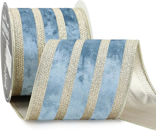 Dusty Blue Velvet Wired Ribbon with Champagne Glitter Stripe 4 Inch Extra Wide Crushed Velvet Christmas Ribbon, 10 Yards for Gift Wrapping, Crafts, Tree Decorations, Wreaths, Garlands