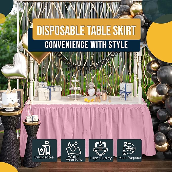 Exquisite Ruffle Table Skirt Pink 48 Pack 14 Ft Long Table Skirts for Rectangle Tables 6ft Plus or Round Tables Skirts with Adhesive Strip for Gender Reveal Decor & Happy Birthday Parties