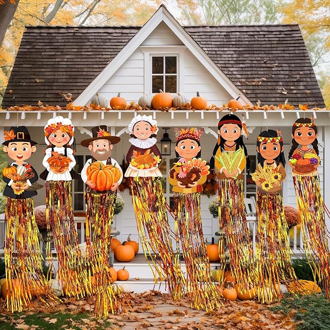 8 Pcs Fall Thanksgiving Pilgrim Outdoor Hanging Decorations with Tassels Autumn Pilgrim Harvest Yard Signs for Farmhouse Festival 3.3 ft Home Lawn Yard Party Supplies Garden Decor