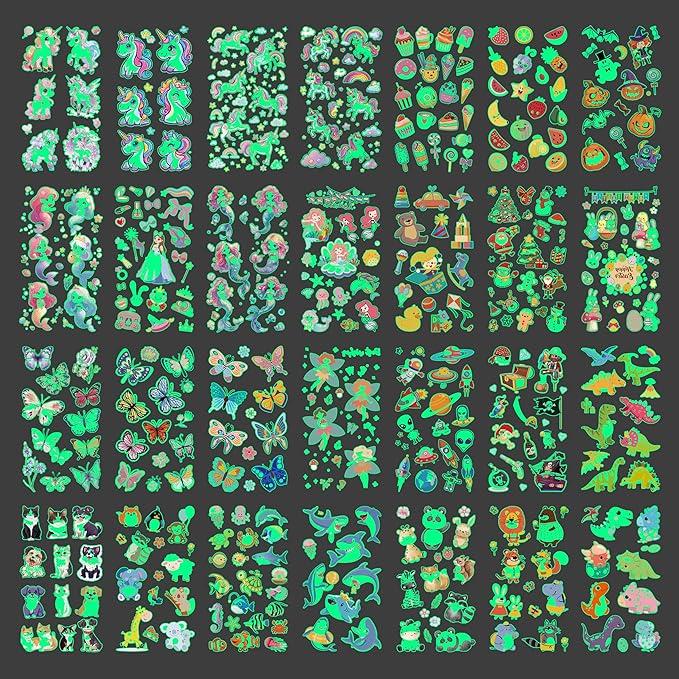 380 Styles (30 Sheets) Luminous Tattoos for Kids, Mixed Styles Temporary Tattoos Stickers with Mermaid/Dinosaur/Space/Unicorn for Boys and Girls, Glow Party Supplies Birthday Gifts