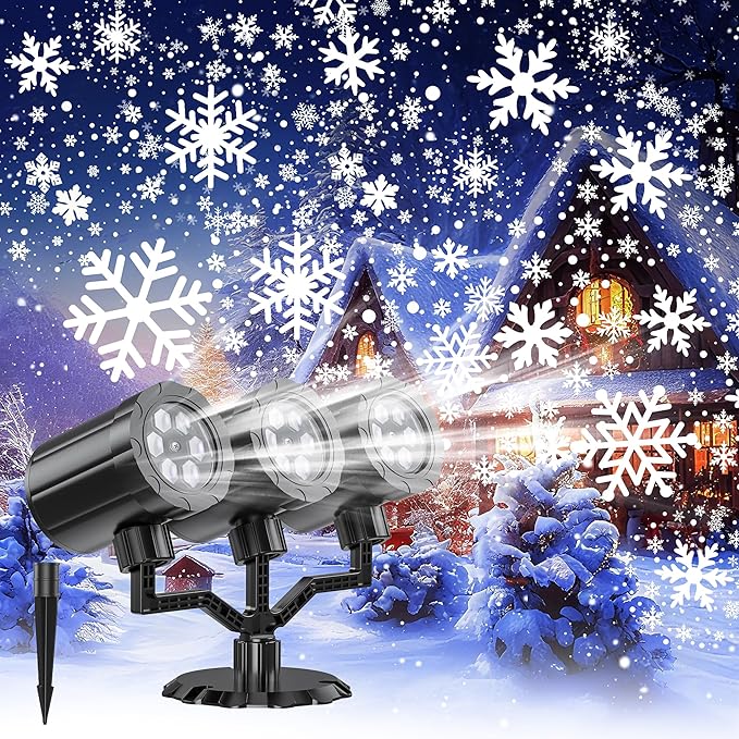 Christmas Projector Lights Outdoor, GUSODOR Upgraded Snowflake Projector, IP65 Waterproof 360°Rotating LED Projection Lights for Christmas Decorations Yard Patio Holiday Party Decor-Three-Head B