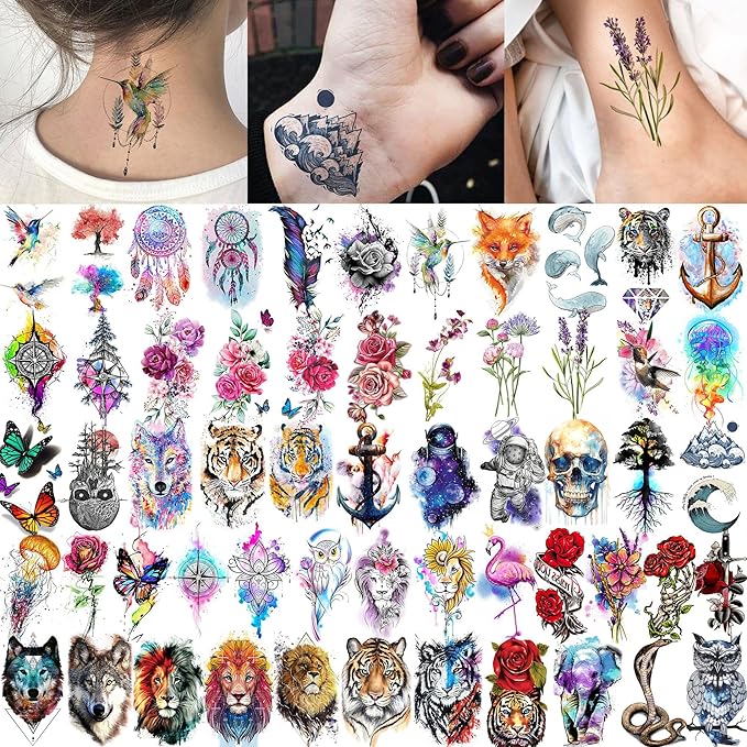 69 Sheets Watercolor 3D Rose Flowers Temporary Tattoos For Women Girls Adults, Realistic Peony Florals Fake Tattoo Stickers Dreamcatcher, Colorful Bulk Half Arm Sleeve Tattoo Butterfly Tiger