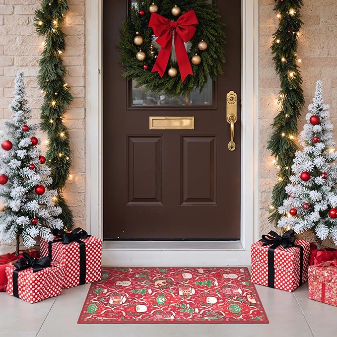 Christmas Rug 2x3 Washable Rugs for Entryway Bedroom, Christmas Home Decor, Holiday Print Carpet, Low Pile Non Slip Mat with Rubber Backing, Red Christmas Tale Pattern
