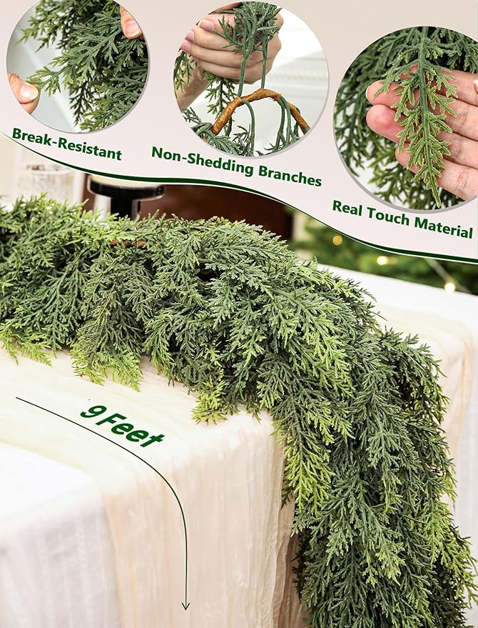 9Ft Real Touch Christmas Cedar Garland, Realistic Full Cedar Garland with Bells Decor, Green Artificial Pine Needles Garlands for Mantel, Fireplace, Stairs Railing, Tables, Christmas Decorations