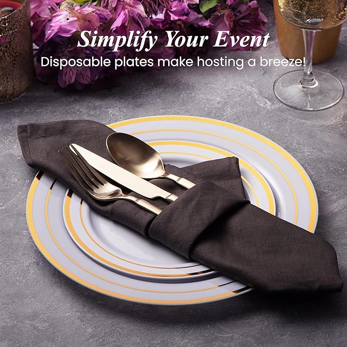 Aya's 60 Gold Rimmed Plastic Plates for Party, Heavy Duty Disposable Set of 30 Dinner and 30 Dessert Plates, Elegant Fancy Design for Weddings, Parties, and Special Events