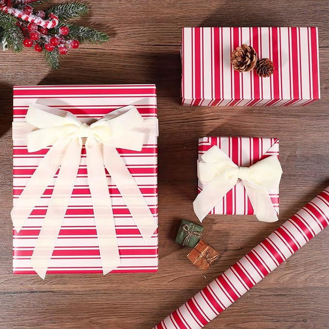 LaRibbons Christmas Wrapping Paper Roll, Classic Red & White Striped Gift Wrap for Christmas, Holiday, Winter Party, 17 Inch x 33 Feet