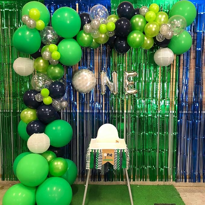 Blue and Green Balloon Garland Arch Kit, 100 PCS Lime Light Green Navy Blue Silver Confetti Latex Balloons Arch Kit for Boys Jungle Safari Dinosaur Birthday Football Game Party Decorations Supplies