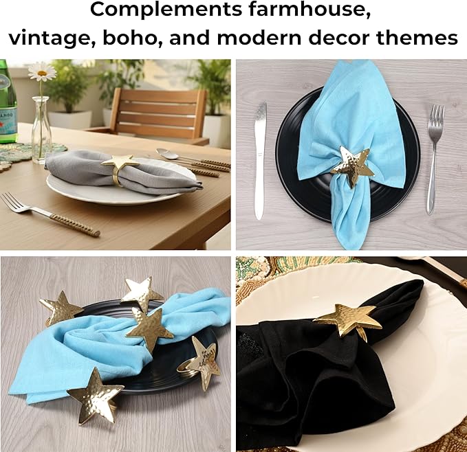 12 Pcs Lightweight Metal Napkin Rings - Gold Star Metal Holders for Elegant Table Decor, Parties, Weddings, Holidays, Everyday Dining - Metallic Adornment for Table Settings - CLEENTABLE