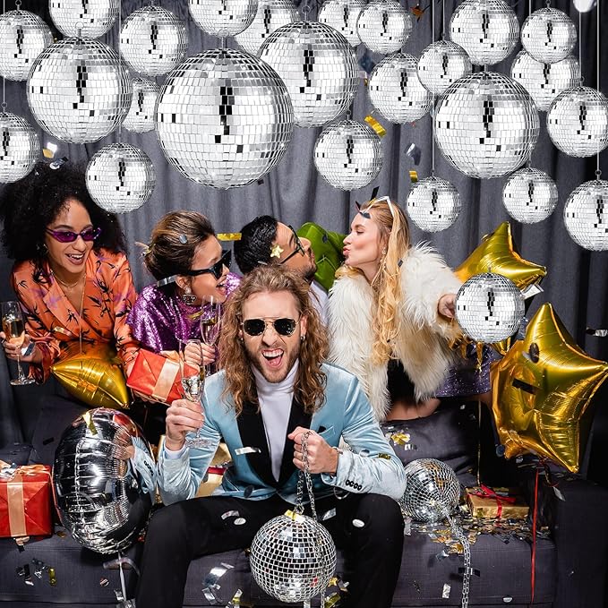 Sumind 25 Pcs Disco Balls Decoration Mirror Disco Balls Silver Hanging Decorations Reflective Dance and Music Festivals for DIY Halloween Christmas Stage Hall Prop (3.2'' 4'' 6'' 8'')