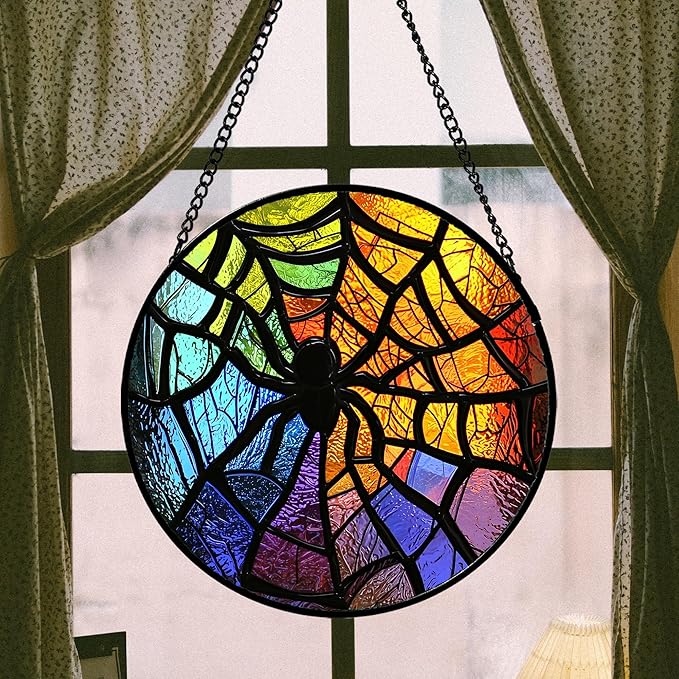 Stained Glass Suncatcher, Colorful Spider Sun Catcher Black Insect Stain Glass Window Hanging Decoration Mother's Day Birthday Gifts for Women Men Mom Nana 9.8 in