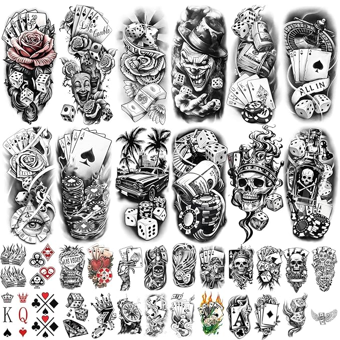 77 Sheets Casino Temporary Tattoo for Women Men, 17 Sheets Half Arm Large Poker Dice Lion Clown Fake Tattoos, 60 Sheets Angels Dollars Skull Tiny for Adult Kids Body Tattoos Stickers Realistic