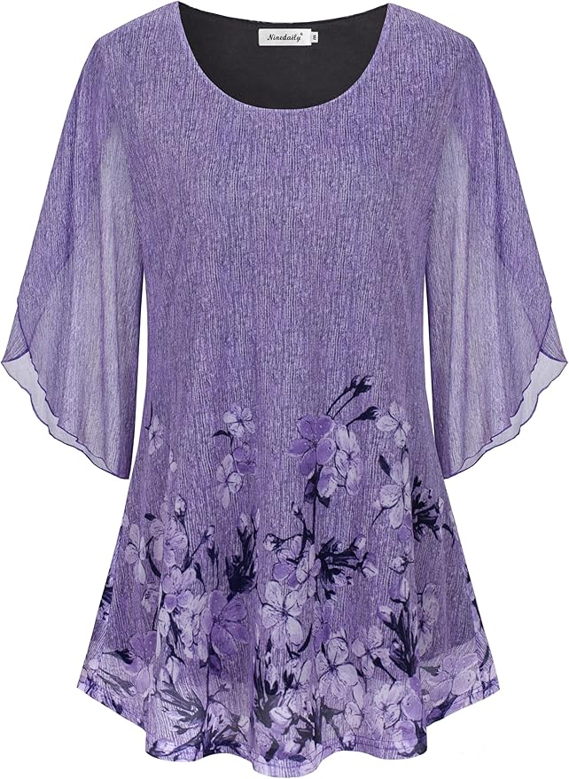 Ninedaily Women's Tops 3/4 Sleeve Blouses Dressy Casual Double Layers Mesh Tunic Shirts