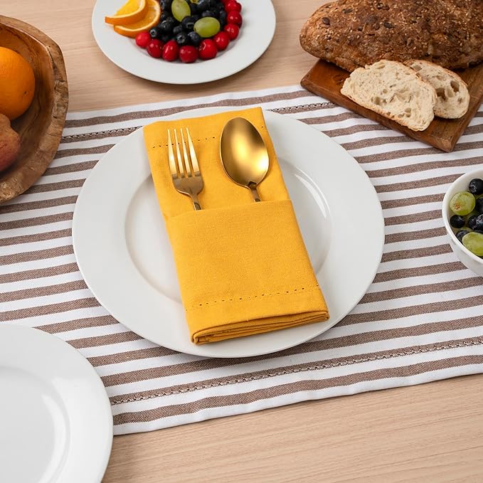 Blue Needles Set of 6 Hemstitch Linen Napkins 100% Cotton Golden Yellow Cloth Dinner Napkins 18x18 inches, Soft, Reusable Absorbent Washable, Ideal for Fall Thanksgiving Events, Parties & Everyday Use