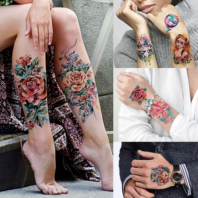 COKTAK 67 Sheets Watercolor Rose Flower Temporary Tattoos For Women Girls, 12 Sheets Colorful Arm Sleeve Tattoos For Adults Floral Snake Tiger, 53 Sheets Groovy Small Semi Permanent Fake Tattoos Kids