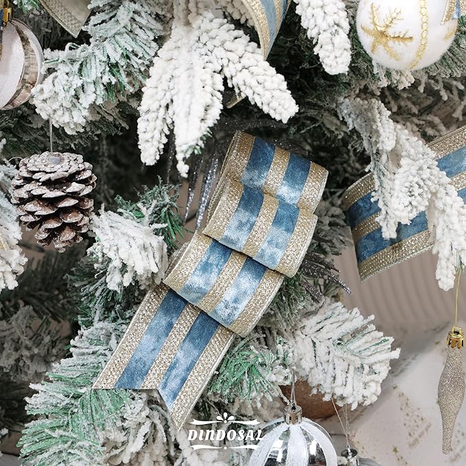 Dusty Blue Velvet Wired Ribbon with Champagne Glitter Stripe 2.5 Inch Crushed Velvet Christmas Ribbon, 10 Yards for Gift Wrapping, Crafts, Christmas Tree Decorations, Wreaths, Garlands