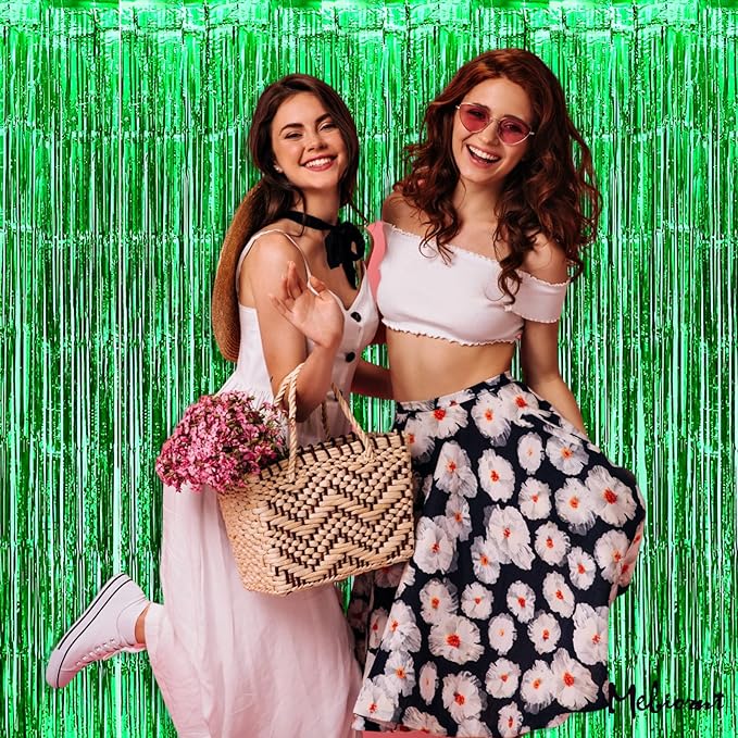 4 Pack Green Fringe Curtain Backdrop, 3.2Ft x 9.8Ft Metallic Tinsel Foil Fringe Streamers Background for Photo Booth Birthday Wedding Baby Shower Carnival Easter Mother’s Day Party Decorations