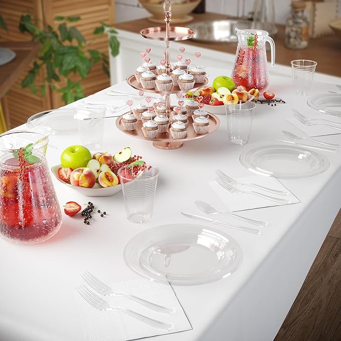 Party Solids 350 Pieces Clear Plastic Plates For Party, Clear Disposable Plates Set, 50 Of Each 9" Dinner Plate Set, 7" Dessert Plate, Cups, Napkins & Cutlery Plastic Dinnerware
