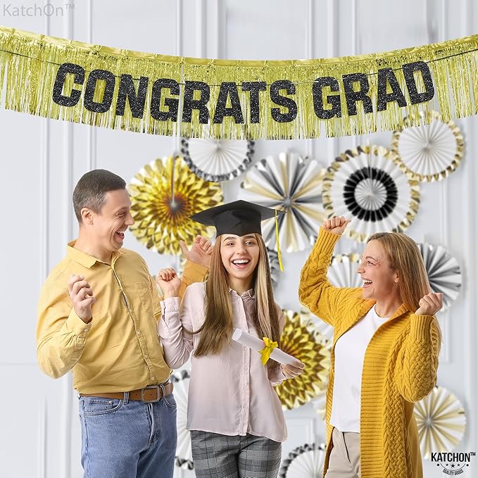 KatchOn, Congrats Grad Banner Gold Set - 6.5 Feet | Black and Gold Graduation Decorations 2025 | Gold Foil Fringe Curtain, Congrats Grad Sign For Backdrop | gold Fringe Backdrop