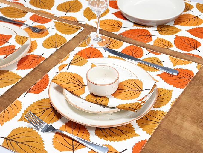 PurpleEssences Fall Harvest Decor Thanksgiving Napkins, 18x18 Cloth Napkins Set of 6, 100% Cotton Autumn Leaves Dinner Napkins for Farmhouse Kitchen, Amber