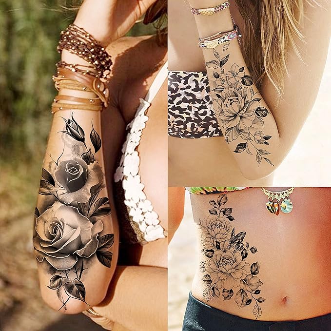 61 Sheets FANRUI Moon Peony Flowers Temporary Tattoos For Women Girls Arm Sleeve Thigh, Waterproof Realistic Rose Floral Tattoo Sticker Adults, Bulk Temp Long Lasting Fake Tattoos That Look Real Snake