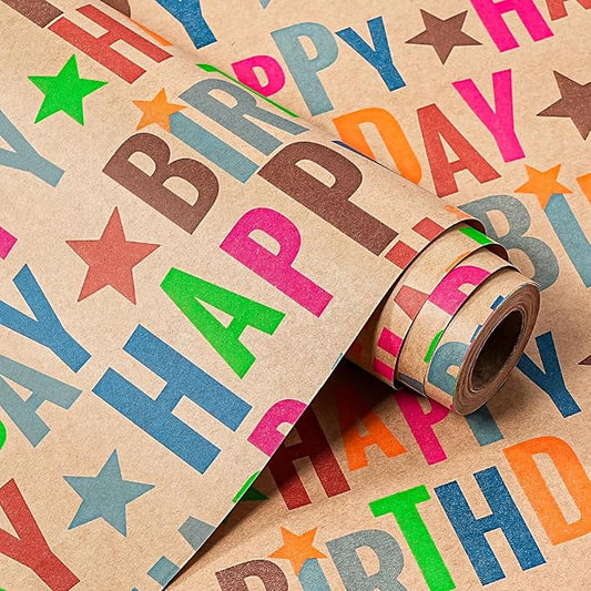 WRAPAHOLIC 30 Inch Jumbo Kfaft Birthday Wrapping Paper Roll - 30 Inch x 33 Feet - Colorful Happy Birthday Wrapping Paper for Girls Boys Kids, Baby Shower, Party