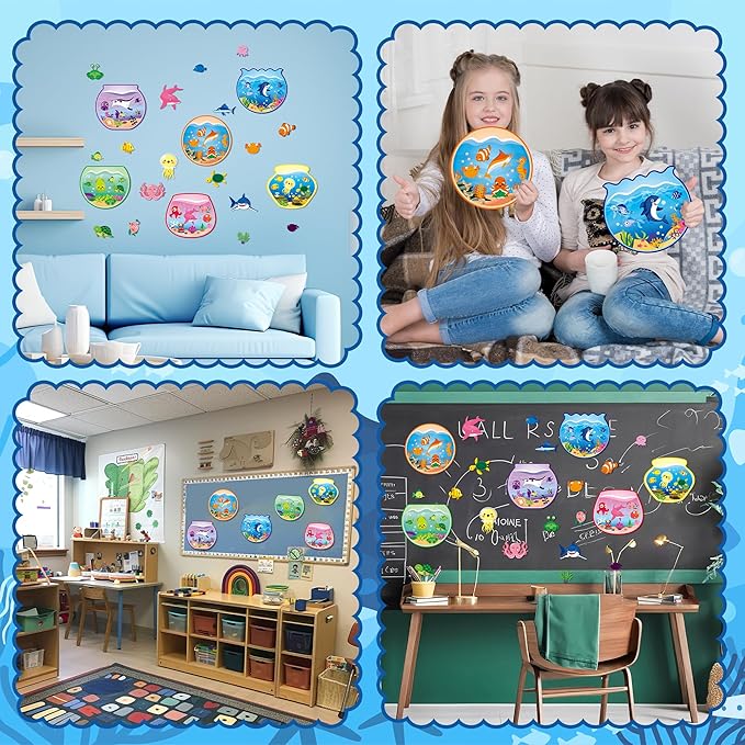 CY2SIDE 12 Sets Colorful Sorting Ocean Animal Scene Sticker Art Craft for Kids, Make A Summer Fish Tank Scene with Shark Tropical Stickers, DIY Summer Party Games for School Classroom Activities