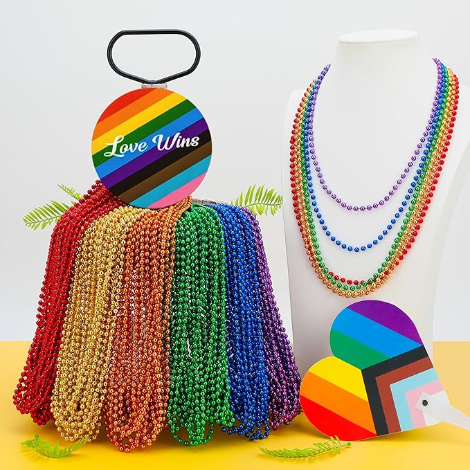 12PCS Pride Accessories, Pride LGBTQ Beads Necklace Stuff, Metallic 6 Kinds of Rainbow Necklace Bulk, Gay Lesbian LGBT Costumes Decorations for Pride Month Parade Throws Party Favors