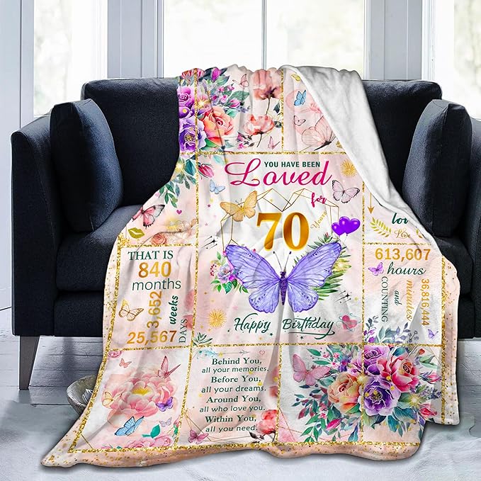 70th Birthday Gifts for Women, Super Soft Unique Fun Purple Butterfly Flower Blanket Gifts for Anniversary Christmas, 70th Birthday Decorations for Women, Cozy Warm Plush Fuzzy Fleece Blanket 60"x50"