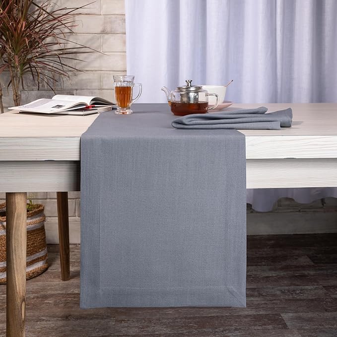 D'Moksha Homes Charcoal Grey Table Runner 14 x 108 Inch - Faux Linen Table Runner 108 Inches Long - Wrinkle Resistant, Machine Washable for Thanksgiving, Holiday - 100% Recycled Fabric